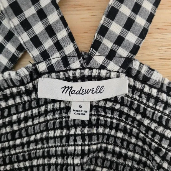 Madewell Gingham Button Front Smocked Midi‎ Dress Black White Size 6 - Picture 3 of 9